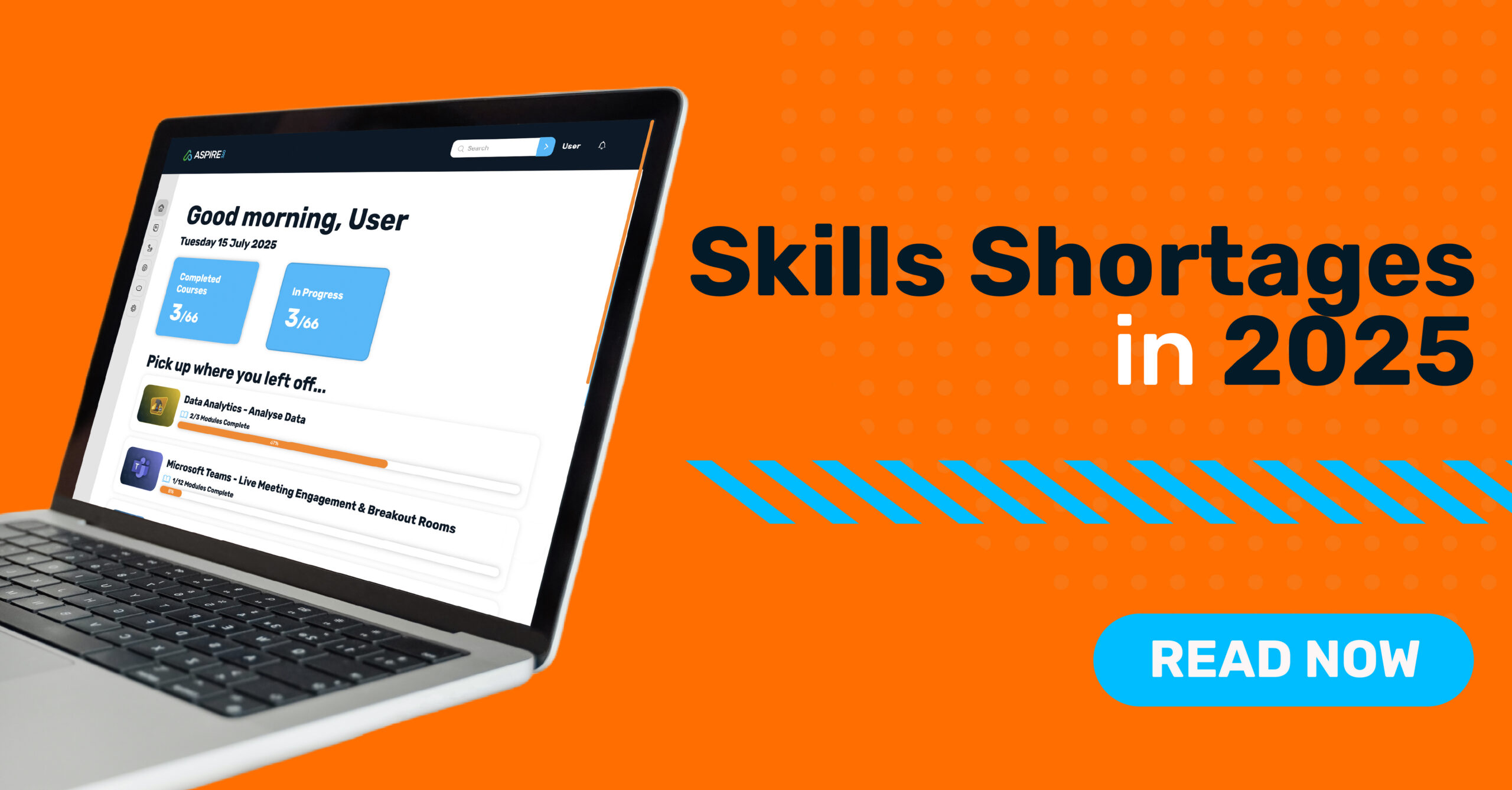 Blog header image for laptop screen showing Aspire360 interface with the blog heading "Skills Shortages in 2025"